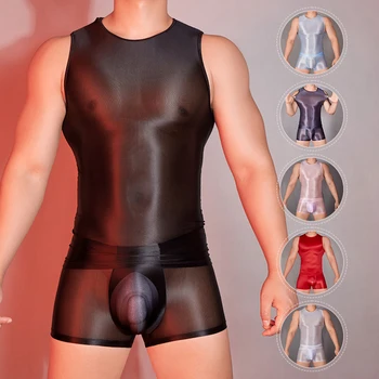 Мужской сексуальный прозрачный масляный блестящий глянцевый топ, Эластичное нижнее белье, жилет, прозрачный жилет для фитнеса с круглым вырезом, Эротические топы, гей-фетиш