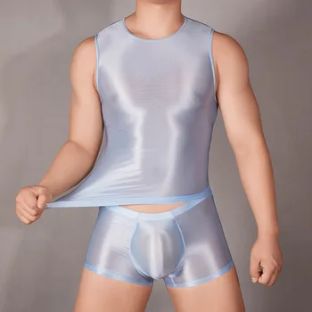 Мужской сексуальный прозрачный масляный блестящий глянцевый топ, Эластичное нижнее белье, жилет, прозрачный жилет для фитнеса с круглым вырезом, Эротические топы, гей-фетиш