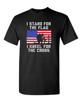 Я стою за Флаг, я преклоняю колени за футболку с Крестом - American USA God Christian