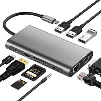 Концентратор Type-C к RJ45 Gigabit Lan Ethernet, адаптер HDMI, VGA, устройство чтения карт SD TF, USB-C 3.0 Aux для MacBook Samsung Huawei TV