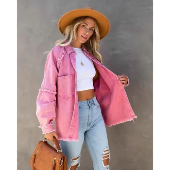 Женская летняя свободная джинсовая куртка со Старыми кисточками и дырками, женская Розовая Свободная Повседневная женская куртка, пальто, Женская одежда